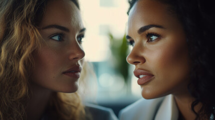 Focused close-up of two women in a corporate environment, deeply engaged