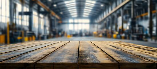 Poster - Featuring an empty wooden table providing ample copy space image against a blurred industrial warehouse backdrop ideal for showcasing advertising products