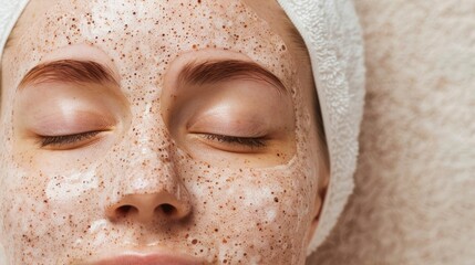 Exfoliating skin care routine with natural botanical scrub applied on a peaceful relaxed facial in close up  Concept of beauty wellness and self care for glowing radiant skin