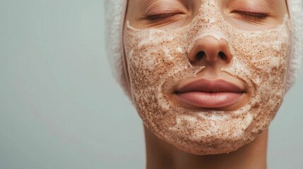 Exfoliating Skin Care Routine with Deep Pore Cleansing Scrub on Radiant Facial Skin  Close up of a person s face with a nourishing scrub applied promoting a healthy