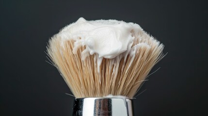 Close up image of a shaving brush with soft natural bristles covered in a thick white shaving cream lather against a dark minimalist background