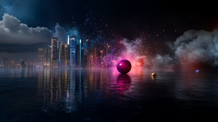 Wall Mural - A surreal cityscape with colorful spheres reflecting in water under dramatic lighting.