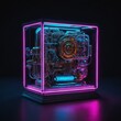 © Jakalent - Abstract neon light Cyborg Pandora Box Music Box, glowing space background