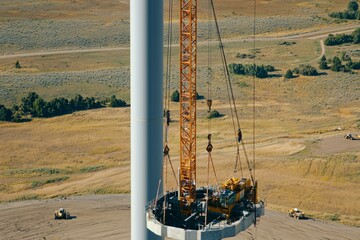 Wall Mural - A crane lifts a wind turbine tower section into place. The area is filled with construction equipment and workers
