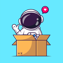 Wall Mural - cute astronaut waving hand in box cartoon vector icon illustration science technology icon concept i
