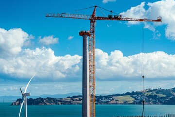 Wall Mural - A crane places a wind turbine generator atop a tower. Workers coordinate the installation process