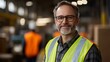 © kinara art design - A confident man in a safety vest smiles in a warehouse setting, surrounded by workers.