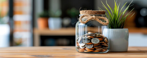 Wall Mural - A glass jar filled with coins on a wooden table next to a potted plant, symbolizing savings, wealth, and financial growth.