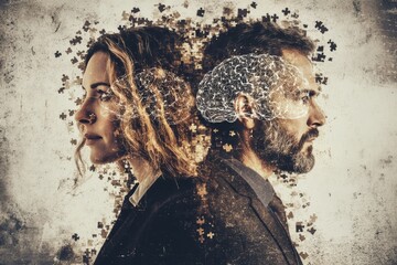 A dramatic double exposure portrait of a couple with glowing brain patterns symbolizing the intellectual and emotional conflict in a complex relationship