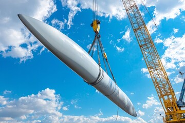 Wall Mural - A wind turbine blade is being hoisted by a crane at a wind farm. The background shows the base and other turbine parts