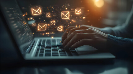 Hands Typing Email on Laptop with Glowing Envelope Icons