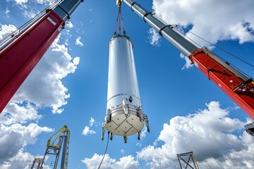 Wall Mural - The nacelle of a wind turbine is being lifted onto a tower by a crane. Nearby, other turbine components are visible