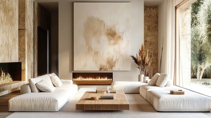 modern minimalist living room, large abstract painting, white sofas, wooden coffee table, cozy fireplace, natural light, neutral tones, contemporary decor, clean lines, warm ambiance, Scandinavian sty