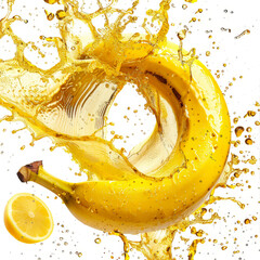 Bananas in splashes of juice on transparent background.