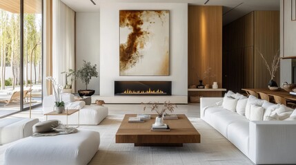 modern minimalist living room, large abstract painting, white sofas, wooden coffee table, cozy fireplace, natural light, neutral tones, contemporary decor, clean lines, warm ambiance, Scandinavian sty