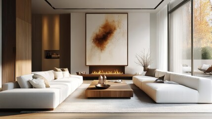 modern minimalist living room, large abstract painting, white sofas, wooden coffee table, cozy fireplace, natural light, neutral tones, contemporary decor, clean lines, warm ambiance, Scandinavian sty