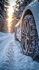 Close-up of the wheels of a car with winter tires on a snowy road in the forest