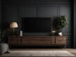 © Basileus - Modern Living Room with Dark Walls, Wooden Cabinet, and Flat Screen TV