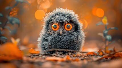 Poster - A small owl with large orange eyes sits on a bed of leaves. AI.