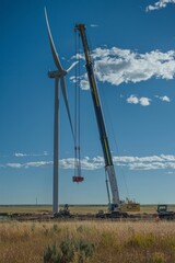 Wall Mural - A crane places a wind turbine blade onto the tower. The installation site is busy with construction equipment