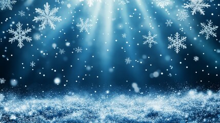 Wall Mural - Blue background with white snowflakes and rays of light. Space for text. Winter season, holiday celebration. background for the design