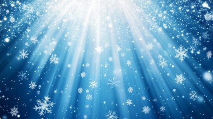 Wall Mural - Blue background with white snowflakes and rays of light. Space for text. Winter season, holiday celebration. background for the design