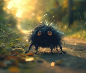 Canvas Print - A fuzzy creature with big eyes walks on a path. AI.