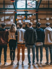 Canvas Print - A group of friends standing in a gymnasium, looking forward. AI.