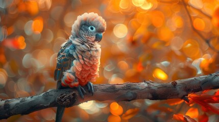 Wall Mural - A small bird perched on a branch in a colorful setting. AI.