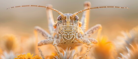 Wall Mural - A close-up of a grasshopper with large, prominent eyes. AI.