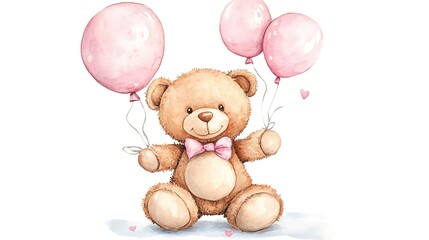 Canvas Print - watercolor clipart cute nursery teddy bear with pink balloons on white background