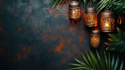 Wall Mural - Intricate Lanterns with Tropical Leaves on a Rustic Background