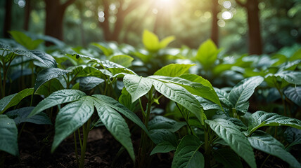 Wall Mural - Photo nature of green leaf in garden at summer. natural green leaves plants using as spring background greenery wallpaper Ai generative.