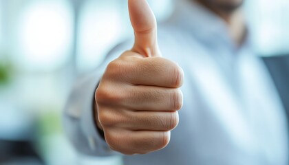 Closeup of boss giving thumbs up to employee, positive reinforcement after successful job completion, office environment