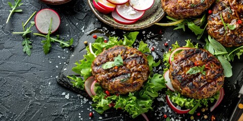 Wall Mural - Charbroiled rabbit patties accompanied by a crisp salad and radishes