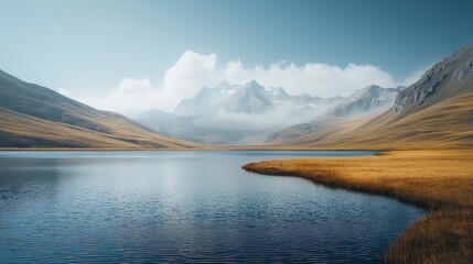 Wall Mural - A serene landscape featuring mountains and a tranquil lake under a clear sky.