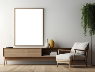 Wall Mural - Empty Frame Above Wooden Cabinet and Chair in Minimalist Room