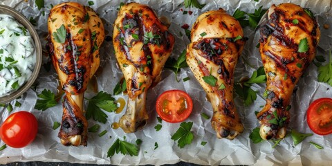 Poster - Chicken drumsticks grilled on parchment served with tzatziki sauce, tomatoes, and fresh parsley Ã¢â‚¬â€œ aerial perspective.