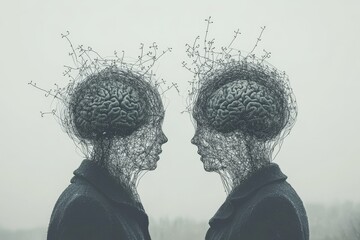 Poster - Two human profiles with detailed brain structures depicted as tree branches symbolizing mental growth and connectivity in a grayscale minimalist style