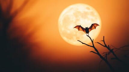 Wall Mural - A single bat perched on a branch, with a full moon glowing behind it, casting a long shadow.