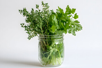 A bouquet of fresh herbs in a  glass jar