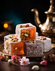 Turkish delight on a black background. Selective focus. Toned.