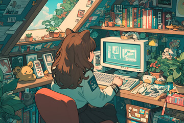 Nostalgic Girl playing a vintage video game on a retro TV in a cozy attic room. Anime style, Cozy vibes