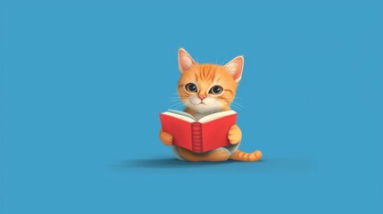 Cute orange cat reading a red book against a bright blue background in a whimsical illustration for children