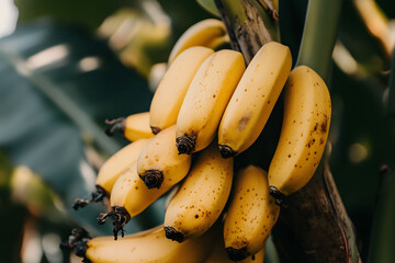 A bunch of ripe bananas hanging from a tree