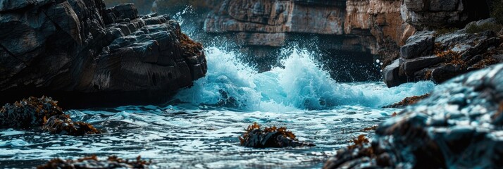 Poster - waves striking rocky formations