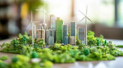 Wall Mural - A miniature model of a sustainable city with skyscrapers and wind turbines.