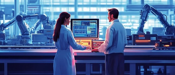 Poster - Electronics factory, male and female discussing with computer, augmented reality conveyor belt production line, robot arms