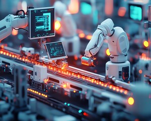 Poster - Electronics factory scene, male and female at computer, augmented reality conveyor belt with robotic arms appearing