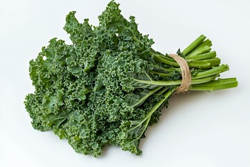 Wall Mural - A bunch of fresh kale tied with twine, showcasing its curly leaves and vibrant green color.